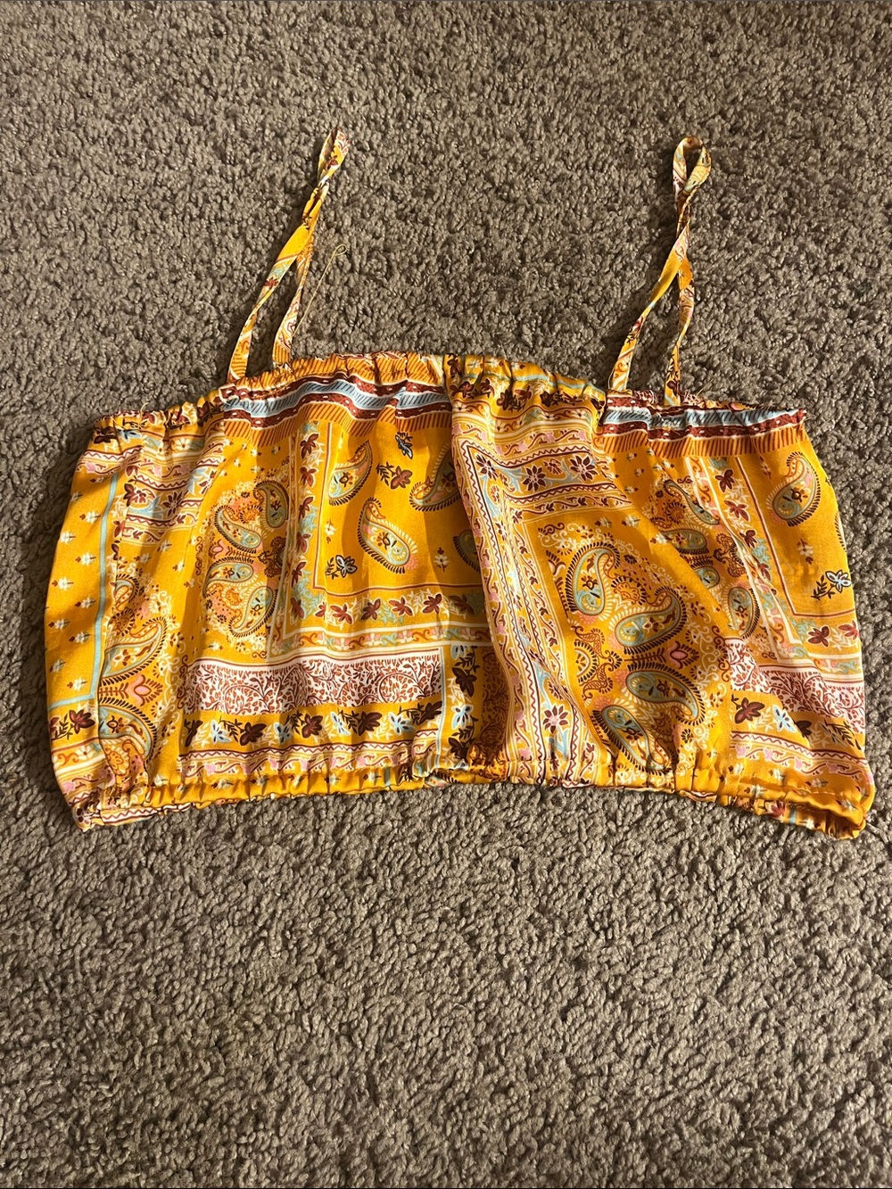 Yellow Paisley Elastic-Hem Crop Cami Top by
